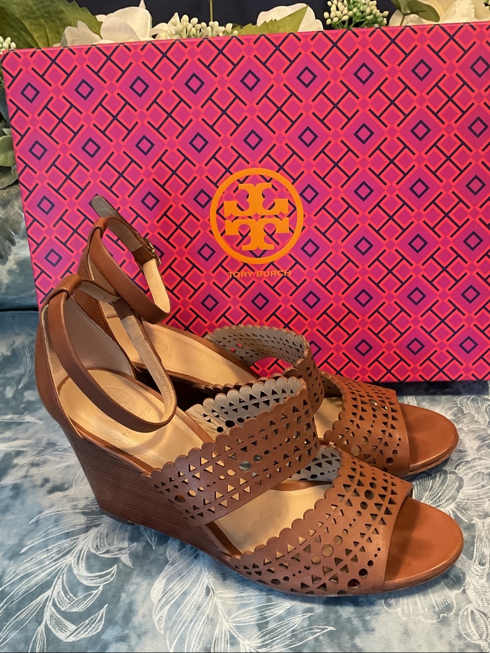 Tory Burch Brown Laser-Cut Leather Wedge Sandals